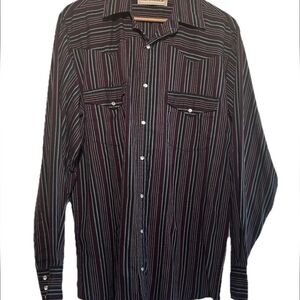 Bit & Bridle Western Pearl Snap Shirt Mens Large Tall Striped Maroon Gray Work